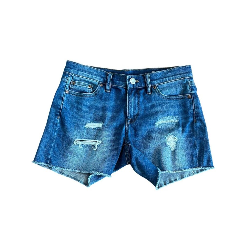 J. Crew Indigo Denim Women’s Blue Distressed Raw Hem 5 Pocket Shorts Sz 26